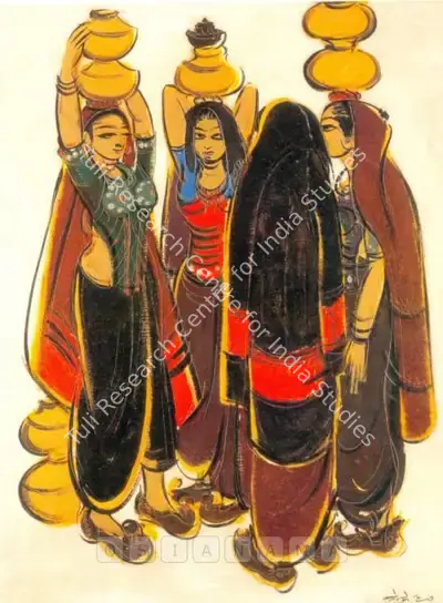 N.S. Bendre (Artist), Woman With Water Jars, 1960, Painting