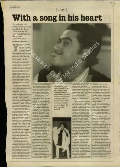 Alpana Chowdhary (Reporter), With a song in his heart, 2004, Newspaper Clipping