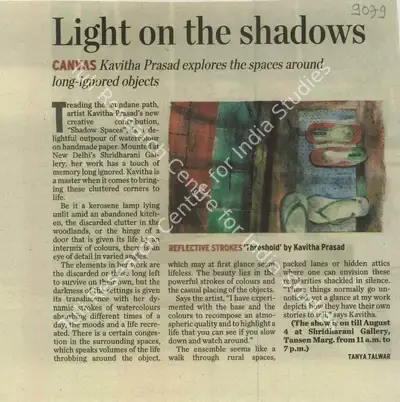 Tanya Talwar (Reporter), Light On the Shadows, 2010, Newspaper Clipping