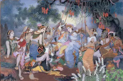 Radha Bagchi (Artist), Radha Krishna, 1970, Painting