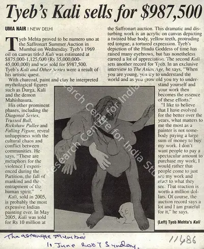 Uma Nair (Writer), Tyeb's Kali Sells For $987,500, 2007, Newspaper clipping