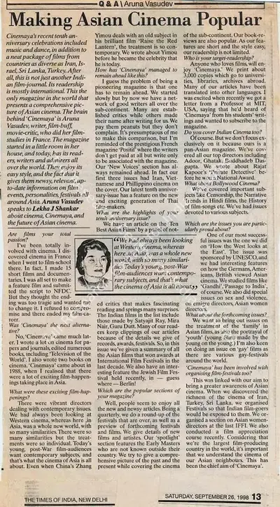 Lekha J. Shankar (Reporter), Making Asian Cinema Popular, 1998, Newspaper Clipping