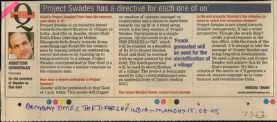 Nimisha Tiwari (Reporter), Project Swades has a Directive for each one of us, 2005, Newspaper Clipping