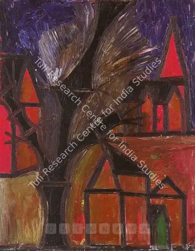 F.N. Souza (Artist), Houses & Tree, 1949, Painting