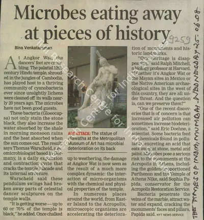 Bina Venkataraman (Reporter), Microbes Eating Away At Pieces of History, 2008, Newspaper Clipping