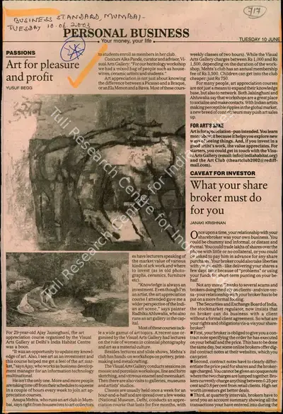 Yusuf Begg (Reporter), Art for Pleasure and Profit, 2003, Newspaper Clipping