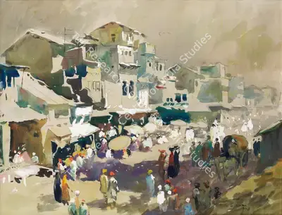 S.H. Raza (Artist), Untitled (Village Scene), 1947, Painting