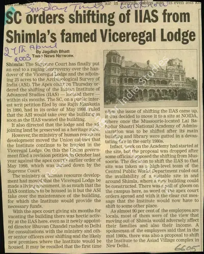 Jagdish Bhatt (Reporter), SC Orders Shifting of IIAS from Shimla's Famed Viceregal Lodge, 2003, Newspaper Clipping