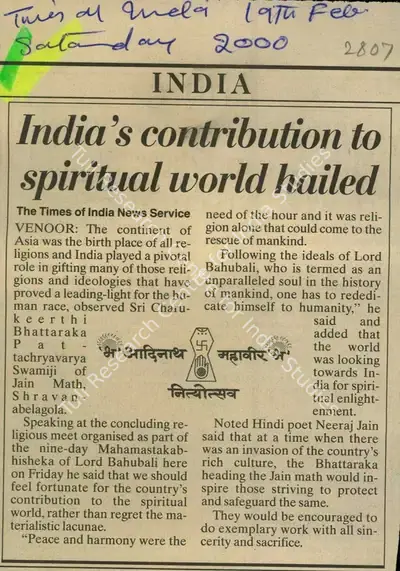 India's Contributuib to Spiritual World Hailed, 2000, Newspaper Clipping