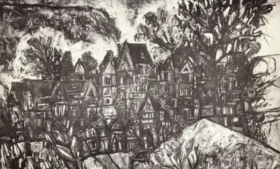 F.N. Souza (Artist), Houses in Hampstead, 1962, Drawing