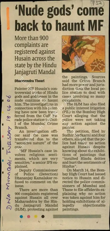 Dharmendra Tiwari (Reporter), Nude Gods' Come Back to Haunt MF, 2006, Newspaper Clipping