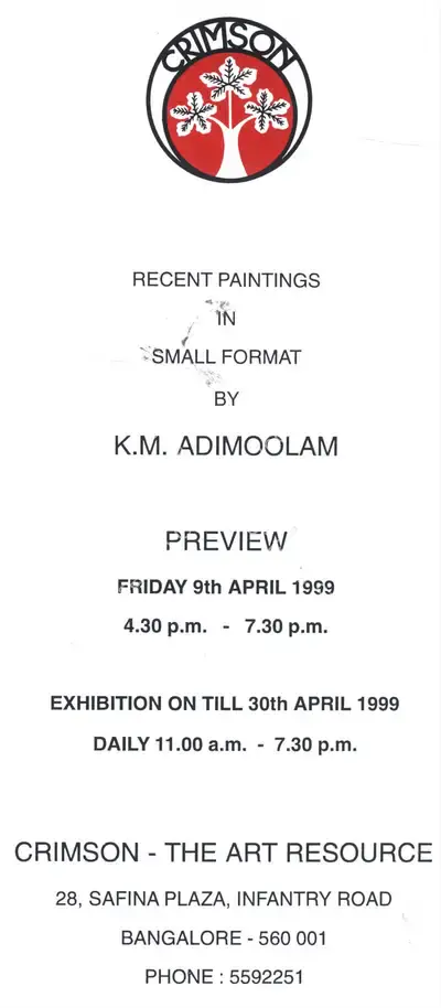 K.M. Adimoolam (Artist), Adimoolam, 1999, Solo Exhibition Invitation