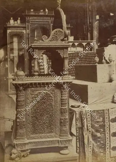 Shew Shankar Narayan (Photographer), Ahmedabad Cabinet in Carved Wood with Designs copied from Ancient Mosques - Bombay Court - Side View, 1883, Antiquarian Photograph