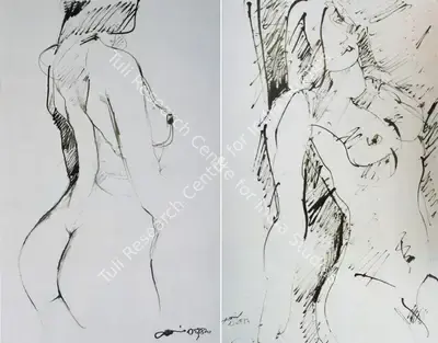 Jamil Naqsh (Artist), Standing Female Nude; Leaning Female Nude, Drawing