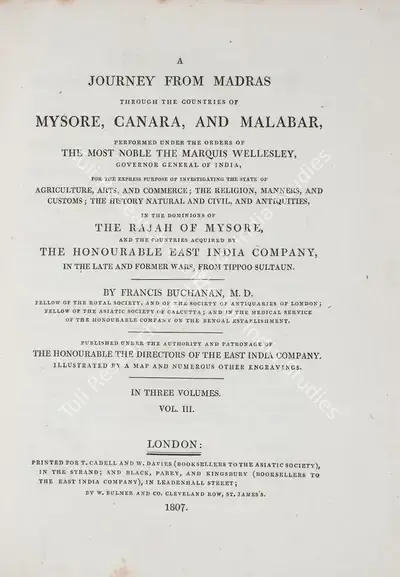 Francis Buchanan (Author), A Journey from Madras through the countries of Mysore, Canara and Malabar, 1807, Authored Antiquarian Book