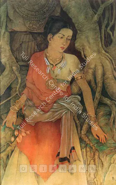 Pranay Ranjan Roy (Artist), A Young Woman Standing By A Column Entwined With Roots, 1944, Painting