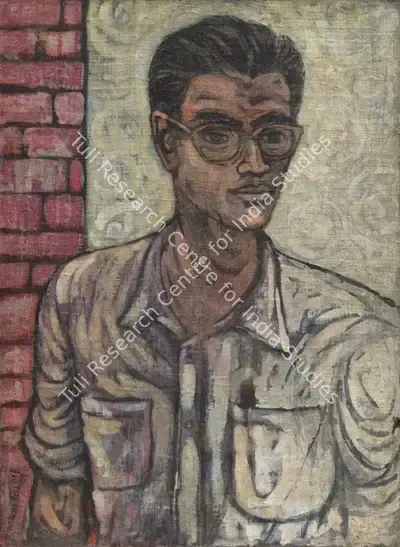 Bhatt, Jyoti (Artist). Self-Portrait. Plastic paint and ink on jute canvas pasted on board, 1956 | Painting | EconomicsArt | 00871484