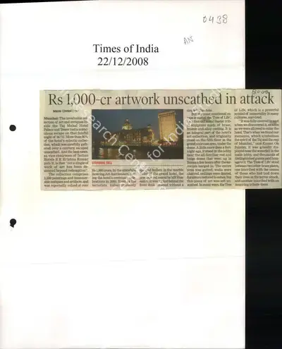 Mansi Choksi (Reporter), Rs 1,000-Cr Artwork unscathed in Attack, 2008, Newspaper Clipping