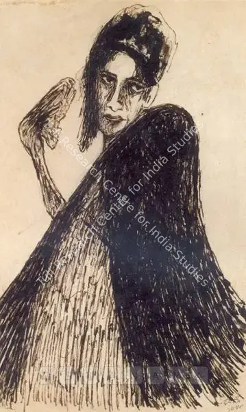 Rabindranath Tagore (Artist), Untitled (Lady With A Fan), 1938, Drawing