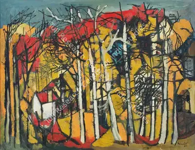 Avinash Chandra (Artist), Untitled (Landscape with Houses and Trees), 1957, Painting