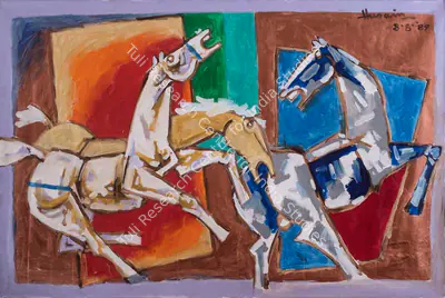M.F. Husain (Artist), Perhaps these three horses are like three cheers for my Knighthood, 1989, Painting