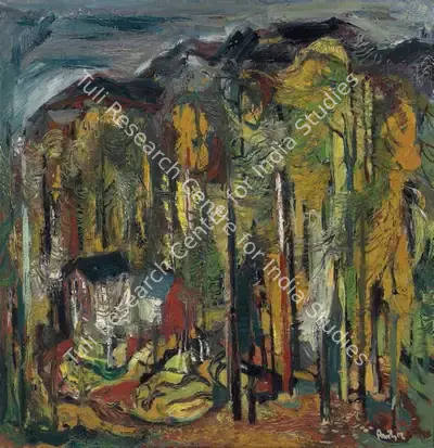 Avinash Chandra (Artist), Untitled (Houses in the Forest), 1955, Painting