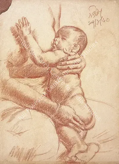 Satish Sinha (Artist), Mother and Child, 1940, Drawing