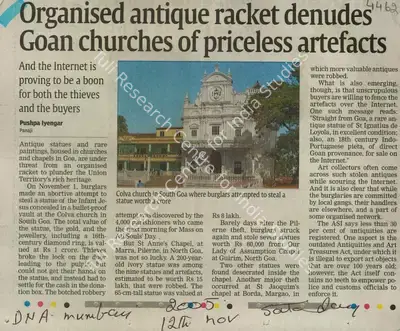 Pushpa Lyengar (Reporter), Organised Antique Racket Denudes Goan Churches of Priceless Artefacts, 2005, Newspaper Clipping