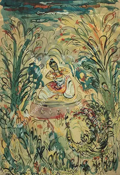 Nikhil Biswas (Artist), Dancing In The Garden, 1955, Painting
