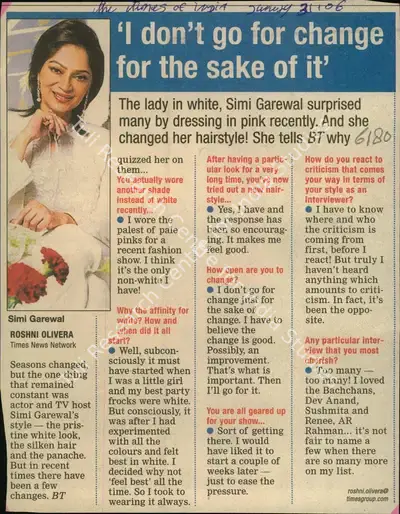 Roshni Olivera (Reporter), I don't go for Change for the sake of it, 2006, Newspaper Clipping
