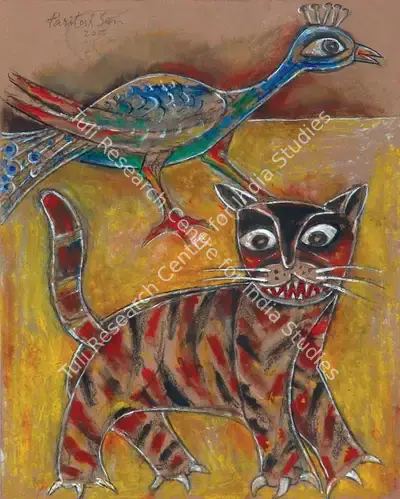 Paritosh Sen (Artist), Cat and Peacock, 2002, Painting