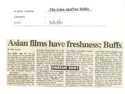 B.B. Nagpal (Reporter), Asian films have freshness, 2001, Newspaper Clipping