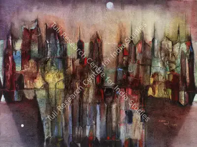 Bakre, S.K. (Artist). Moonlit Cityscape. Oil on canvas, 1966 | Painting  | 00881192