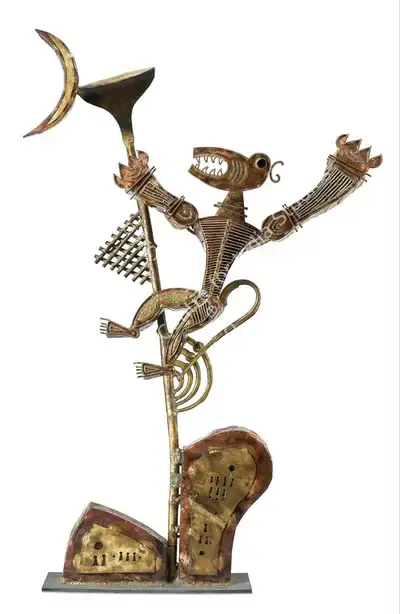 Nandagopal, S. (Artist). Monkey Reaching for the Moon. Welded copper, cast brass and enamel, 2005 | Sculpture | FineArts | 00362212