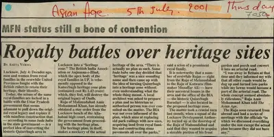 Amita Verma (Reporter), Royalty Battles over Heritage sites, 2001, Newspaper Clipping