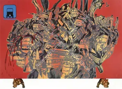 Kallat, Jitish (Artist). Rickshawpolis - 3. Acrylic on canvas with bronze gargoyles, 2006 | Painting | FineArts | 00576159