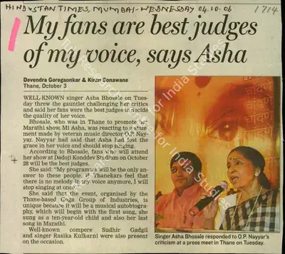 Devendra Goregaonkar (Reporter), My fans are best judges of my voice, says Asha, 2006, Newspaper Clipping