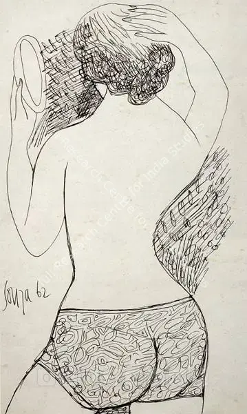 F.N. Souza (Artist), Woman Holding A Mirror, 1962, Drawing