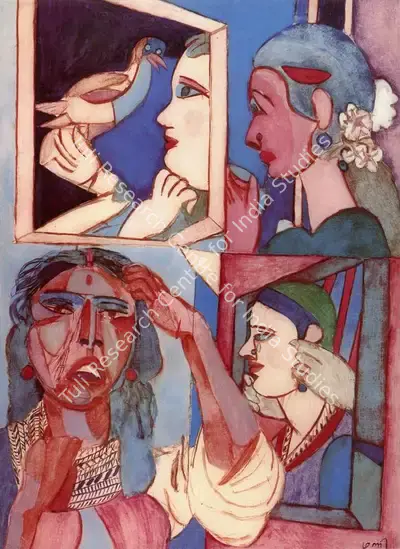Subramanyan, K.G. (Artist). Women, Sad and Smiling . Watercolour and Oil on Acrylic Sheet, 1981 | K.G. Subramanyan, 2003 | Painting | FineArts | 00566165