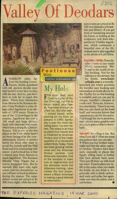 Chitra Subramanyam (Reporter), Valley of Deodars, 2000, Newspaper Clipping