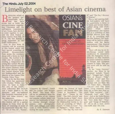 K. Kannan (Reporter), Limelight on best of Asian cinema, 2004, Newspaper Clipping