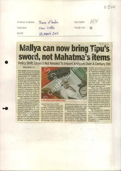 Manoj Mitta (Reporter), Mallya can Now Bring Tipu's Sword, Not Mahatma's Items, 2009, Newspaper Clipping