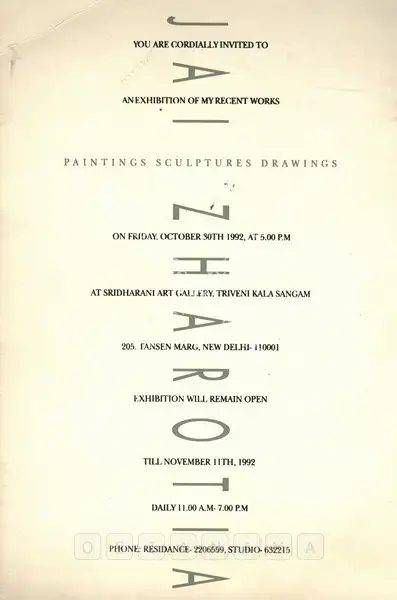 Jai Zharotia (Artist), Jai Zharotia, 1992, Solo Exhibition Invitation