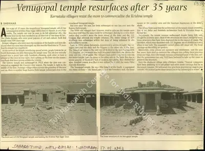 B. Shekhar (Reporter), Venugopal Temple Resurfaces after 35 years, 2003, Newspaper Clipping