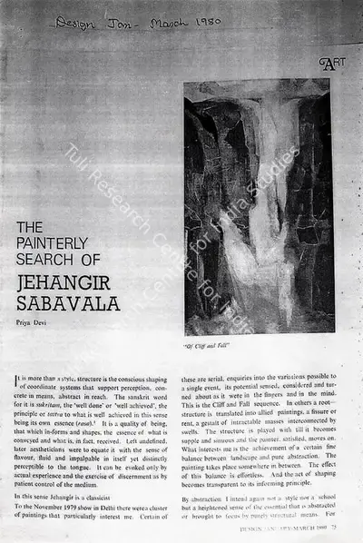 Priya Devi (Writer), The Painterly search of Jehangir Sabavala, 1980, Newspaper Clipping