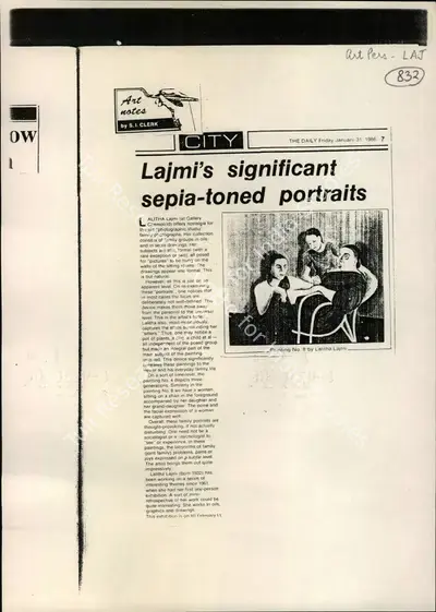S.I. Clerk (Reporter), Lajmi's Significant Sepia-Toned Portraits, 1986, Newspaper Clipping