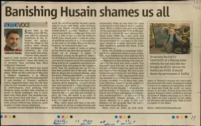 Sidharth Bhatia (Reporter), Banishng Husain Shames Us All, 2008, Newspaper Clipping