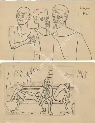 F.N. Souza (Artist), Untitled (Souza and Friends), 1945, Drawing
