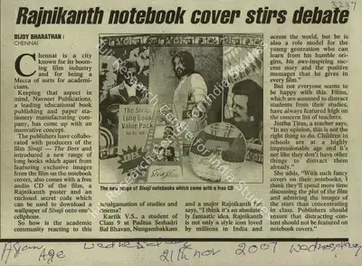 Bijoy Bharathan (Reporter), Rajnikanth Notebook Cover Stirs Debate, 2007, Newspaper Clipping