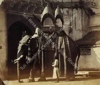 Eugene Clutterbuck Impey (Photographer), The State Elephant of a Native Court, with a howdah, and the trappings usually worn on state occasions, 1861, Antiquarian Photograph